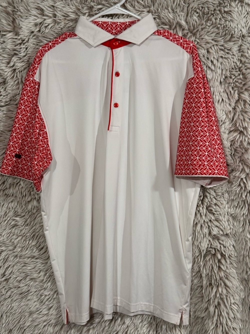Men's White Polo with Red Geometric Sleeve Accents